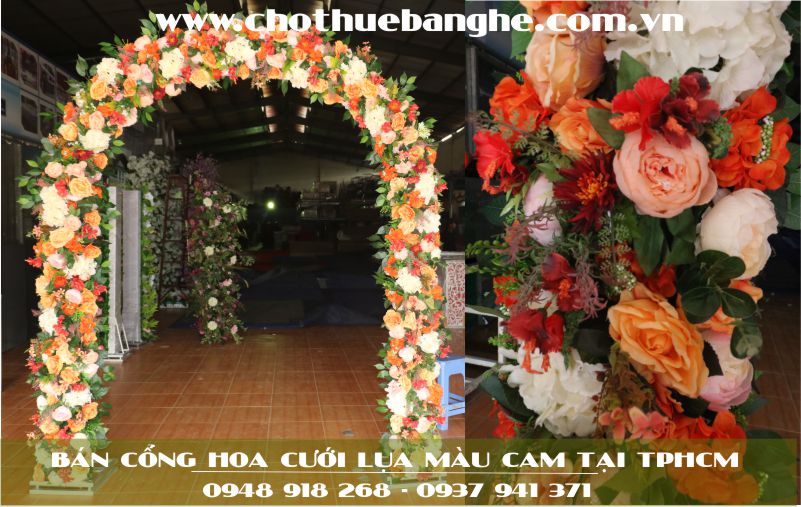 Bán cổng hoa cưới lụa tông màu cam giá rẻ tại TPHCM