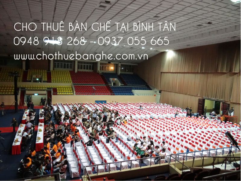Cho thuê 1000 ghế nệm có lưng dựa áo trắng cột nơ tại nhà thi đấu quân khu 7 Tân Bình