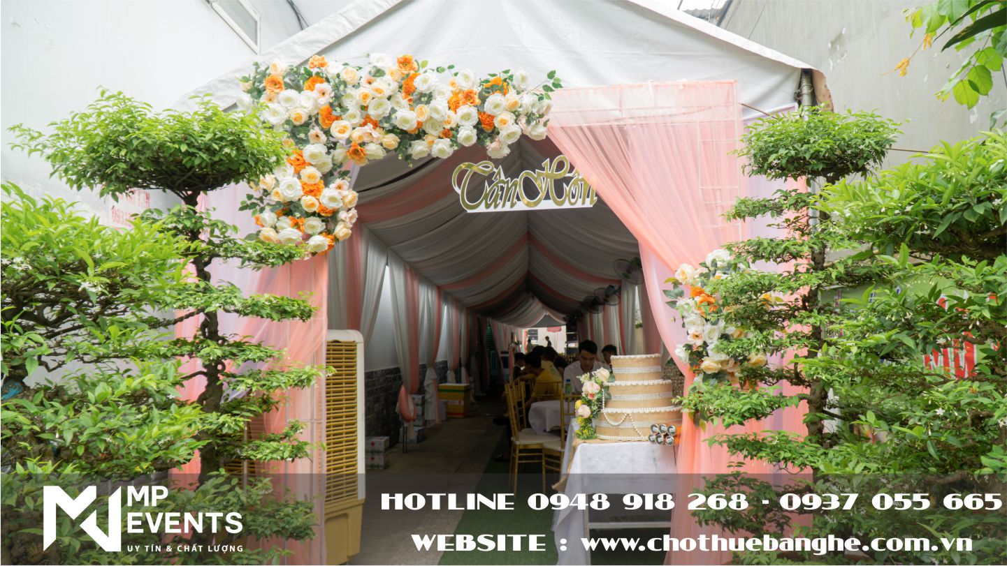 Cho thuê rạp cưới đẹp tại nhà quận Tân Phú ( Rạp cưới tông màu trắng - hồng cam) 