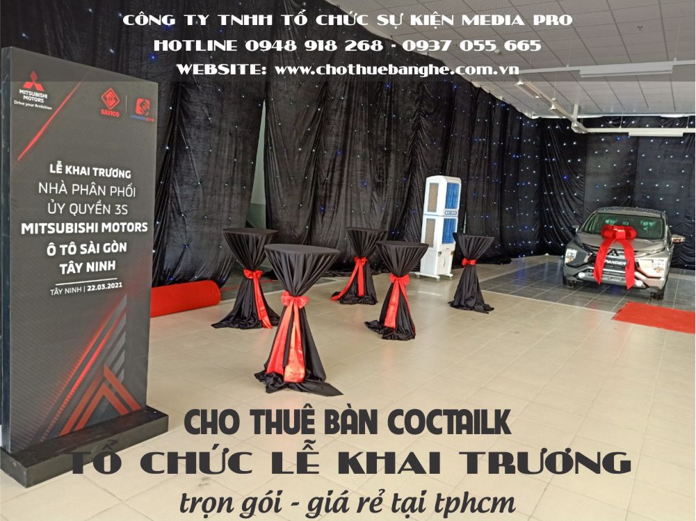 Cho thuê bàn ghế cocktail khăn đen nơ đỏ cho lễ khai trương tại Tây Ninh