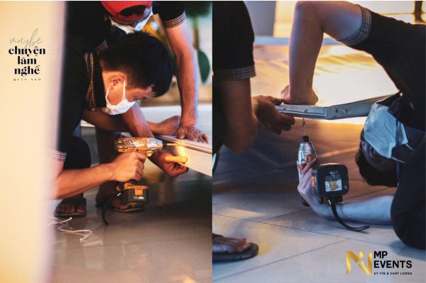 Hình ảnh nhân sự thi công bakdrop sự kiện tại tphcm của công ty