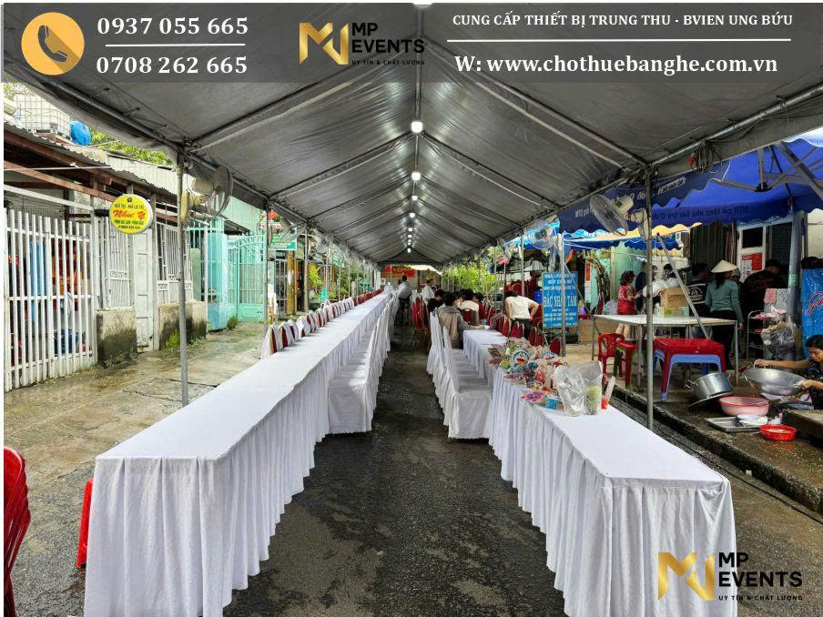 Setup bàn dài - ghế lưng dựa tiệc Tết Trung Thu