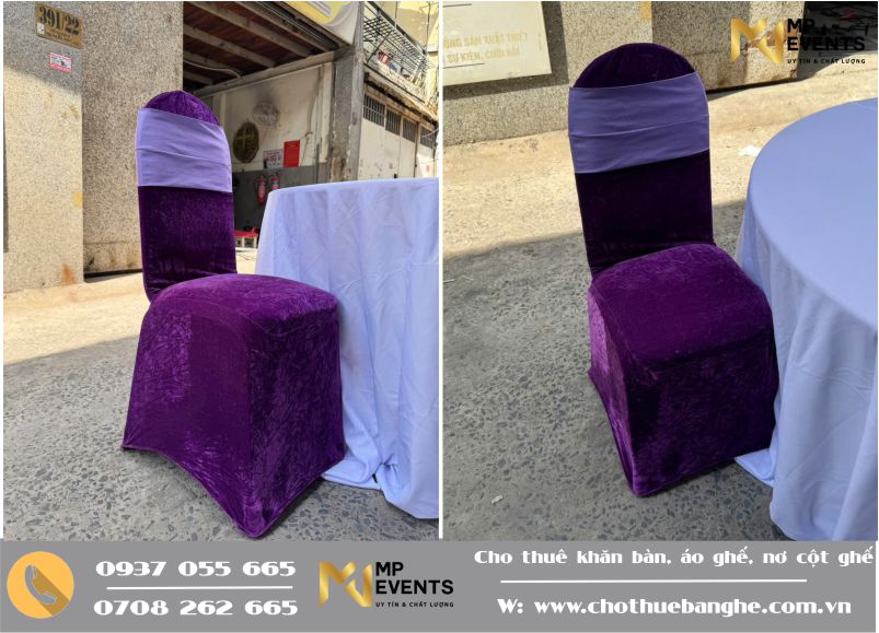 Thuê ghế sự kiện số lượng lớn, áo bọc ghế màu tím
