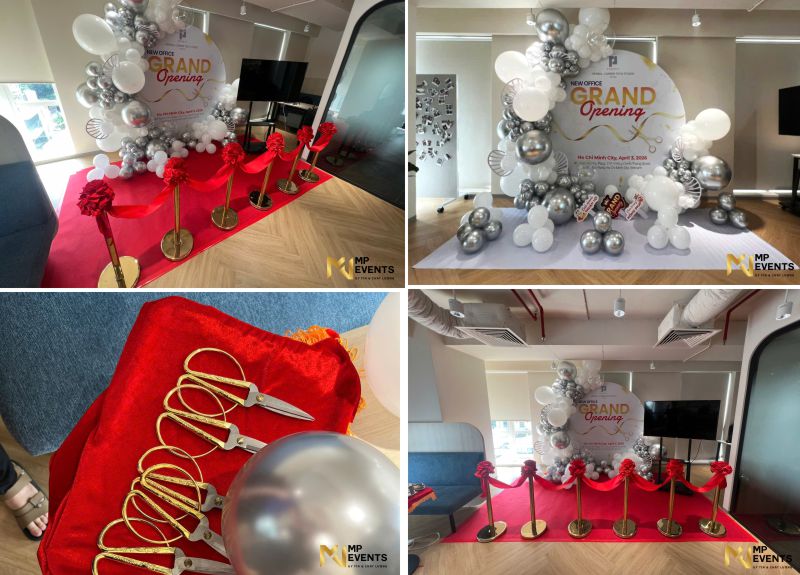 Cho thuê mâm phủ khăn nhung đỏ,kéo, dây lụa đỏ, bông khai trương tại TPHCM